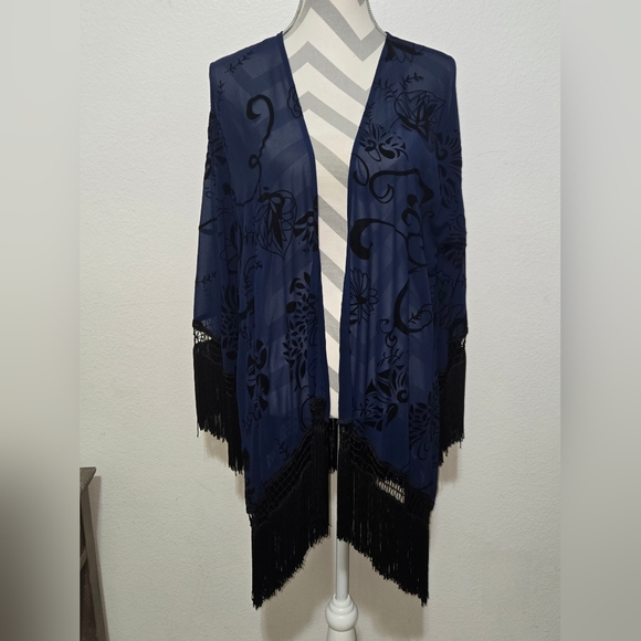 ASTR Sheer Blue Kimono with Black Velvet Pattern and Fringe Size M to L - Picture 5 of 9